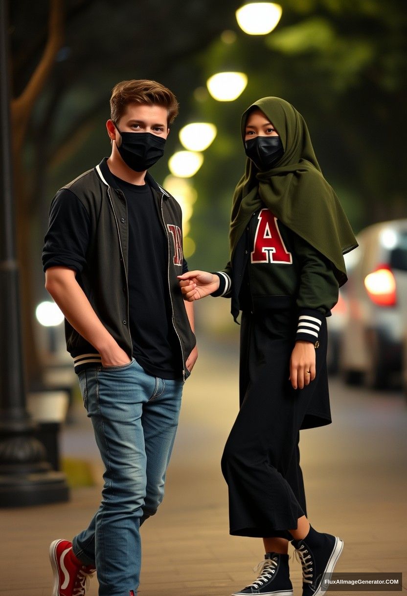 Jamie Dornan, young, black face mask, black t-shirt, a collage jacket with a capital A, jeans, red sneakers, dating in a romantic setting with a Muslim girl wearing the biggest army green hijab, beautiful eyes, black face mask, college jacket, the longest skirt, high-top sneakers, not a tall girl, photorealistic, street photography, full photography.