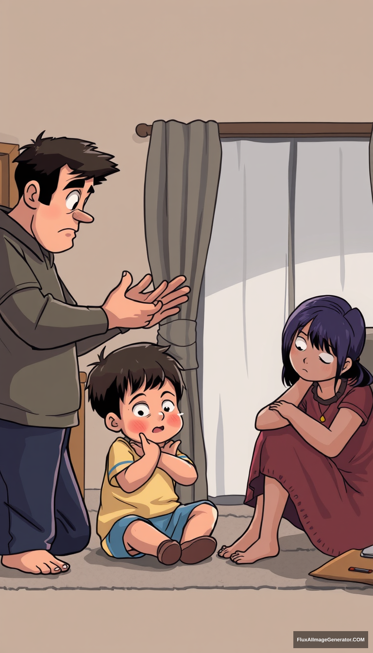 depicting a tense family atmosphere. father is scolding child, child crying, mother sitting aside, depressed, full body shot, realistic, no comic. - Image