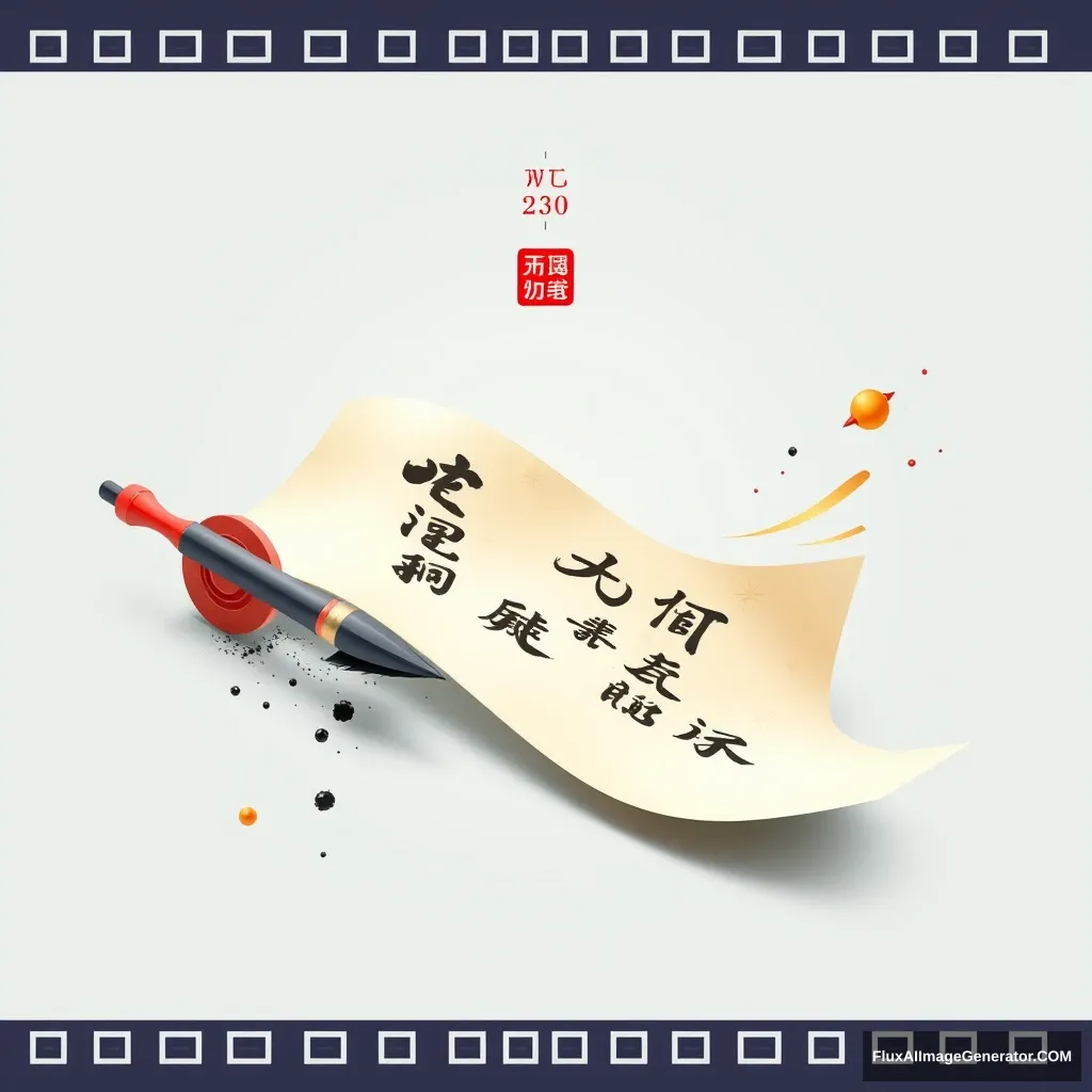 A vibrant and modern 3D illustration for a Chinese calligraphy competition banner, designed to appeal to energetic college students. The image features a sleek, glossy ink brush and an open scroll with beautifully written Chinese characters. The scroll is gently unfurled, with a few elegant brushstrokes visible. The background is minimalist, with subtle elements like ink splashes or soft gradients in shades of blue and gold to convey a sense of tradition and creativity. The composition is dynamic and engaging, with a youthful and inspiring atmosphere, emphasizing the art and excitement of the calligraphy competition.