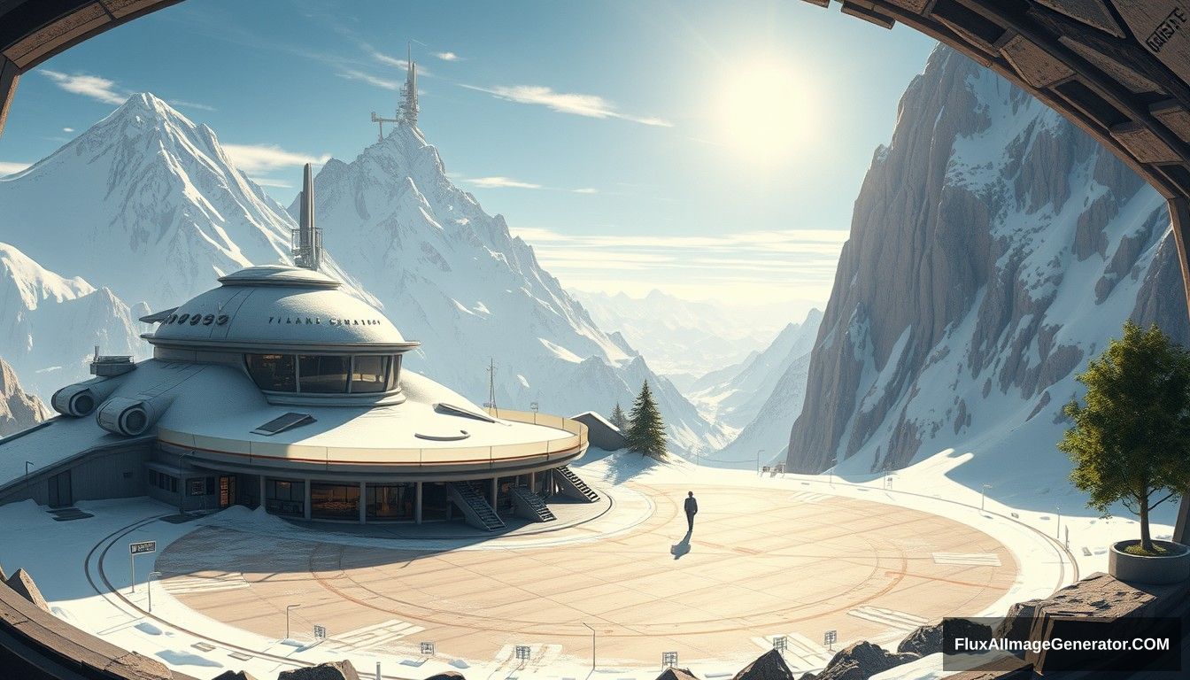 Cel shaded art, wide shot, a sci-fi center on the top of a snowy mountain, open air, close look, cyberpunk, military base, Star Wars style, indoor, patio, morning, sunlight, fortress, mountain, rock, snow, tarmac, parking apron, cave, tree, landing field, cliff, round shape.