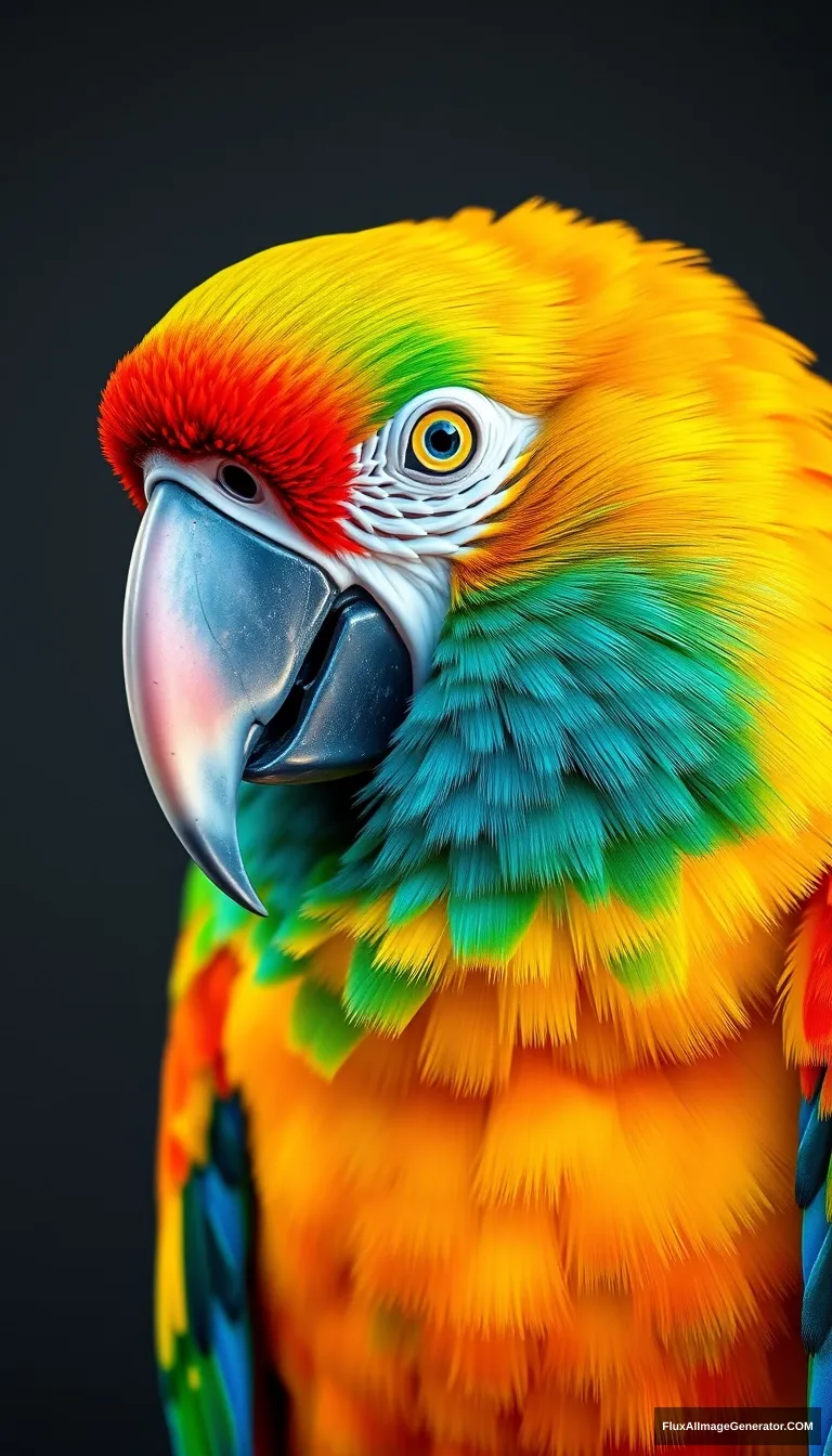 Neon rainbow-colored macaw with a platinum bird beak, hyper-realistic photo, 8K, Unreal Engine, full body shot.