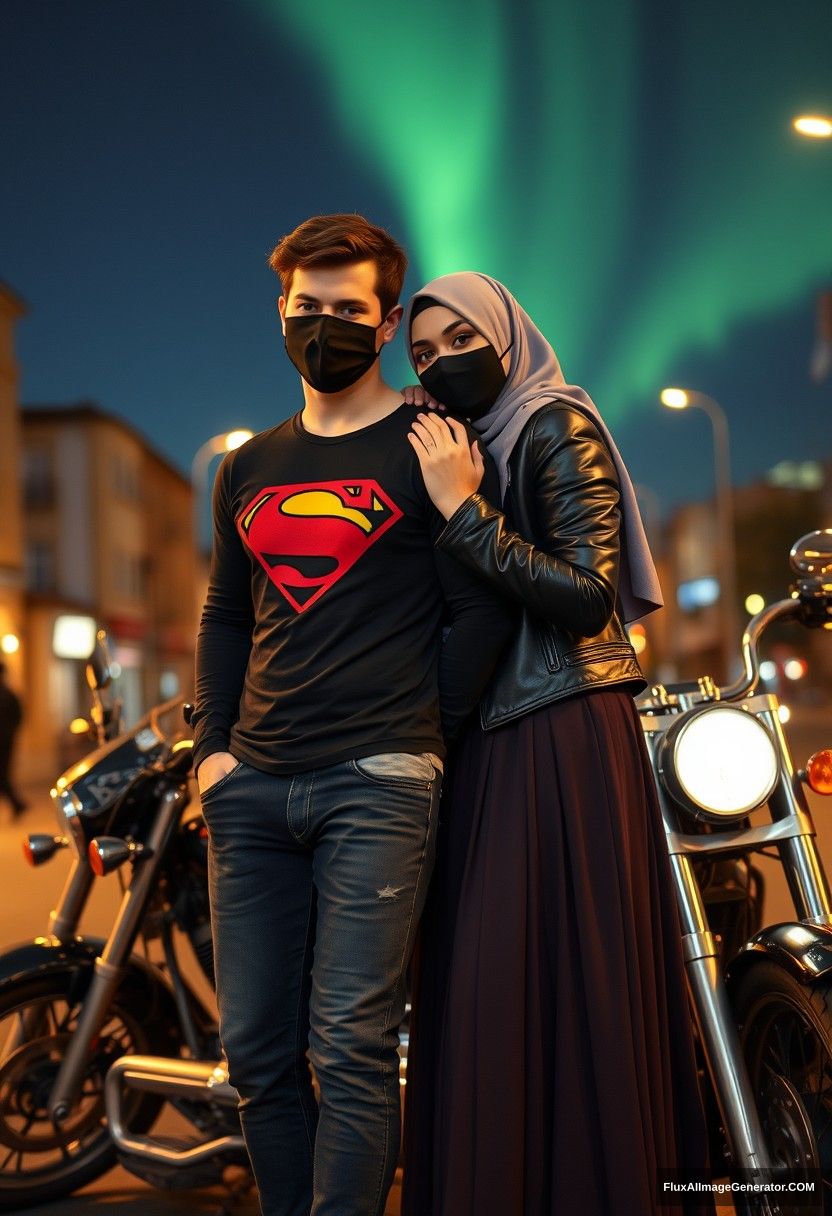 Jamie Dornan, tall, young, wearing a black face mask, a black long-sleeve Superman T-shirt, and jeans, 

on a romantic date with a grey hijab-wearing Muslim girl with beautiful eyes, also in a black face mask, a leather jacket, and a very long, large skirt, who is not tall. 

They are laying on his shoulder and standing near motorcycles for photography, specifically a Harley Davidson model, in town, captured in photorealistic street photography, against a night scenery backdrop with the aurora borealis. - Image