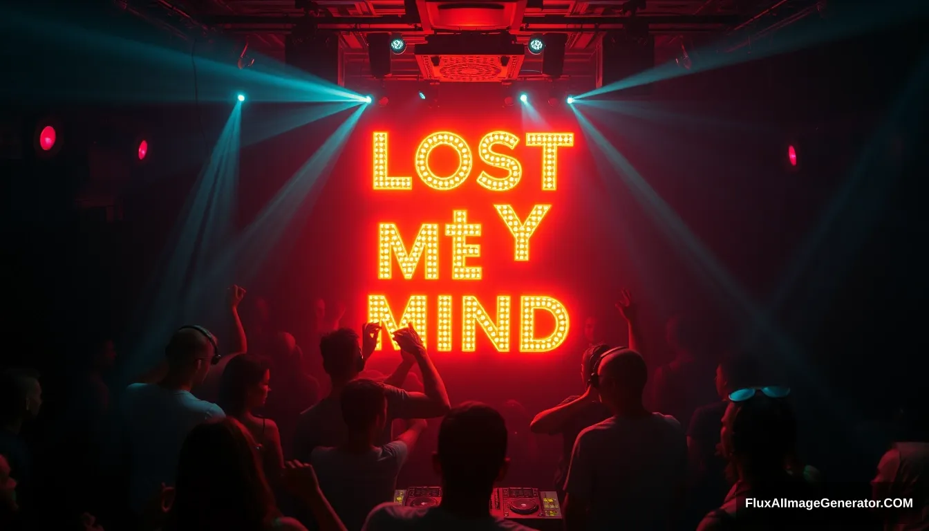 Lost my mind in the club, people dancing, glowing 3D text saying "Lost My Mind", DJ Technosapien. - Image