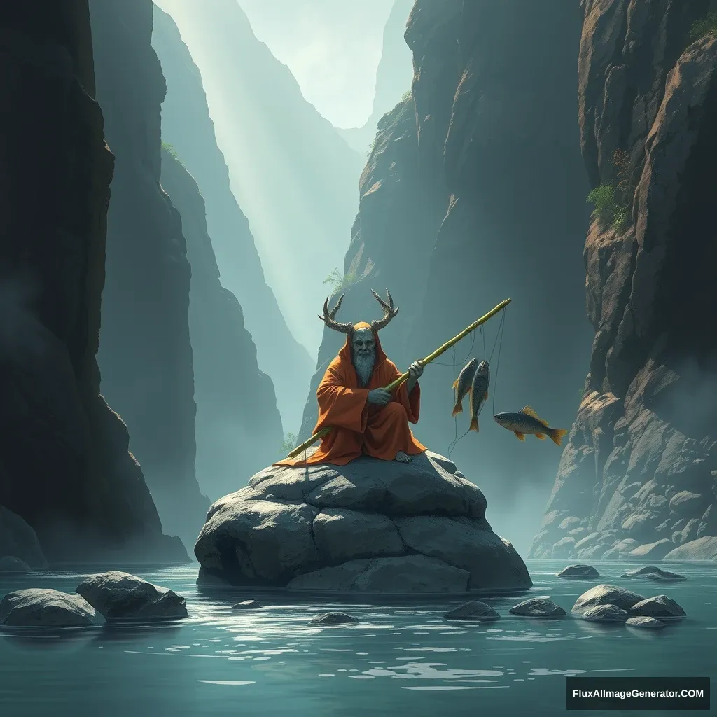 A spirit sits on a rock in a deep mountain canyon, using a bamboo fishing rod made of bamboo to catch river groupers.