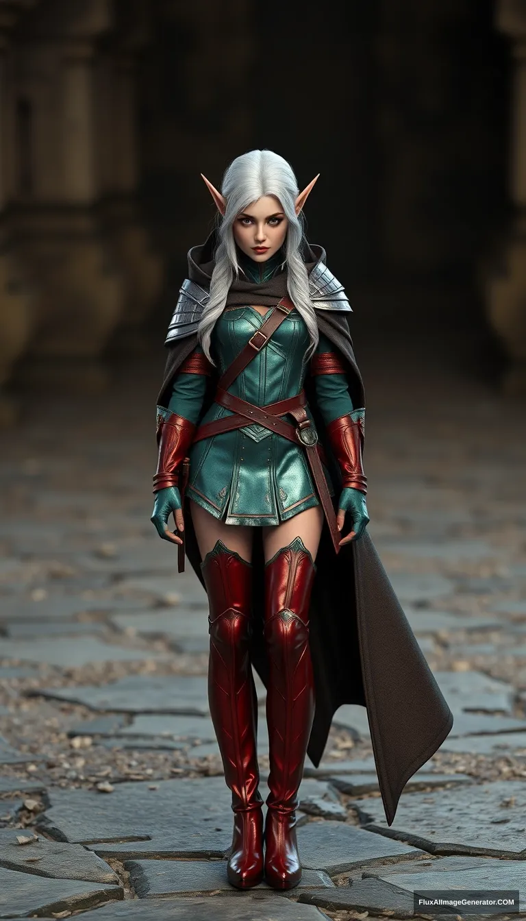 gorgeous and elegant girl elf warrior (Olivia Hussey), full body shot, platinum colored hair, greenish metallic military uniform, reddish military metallic boots, dark brown cloak, hyper-realistic photo, 8K, unreal engine.