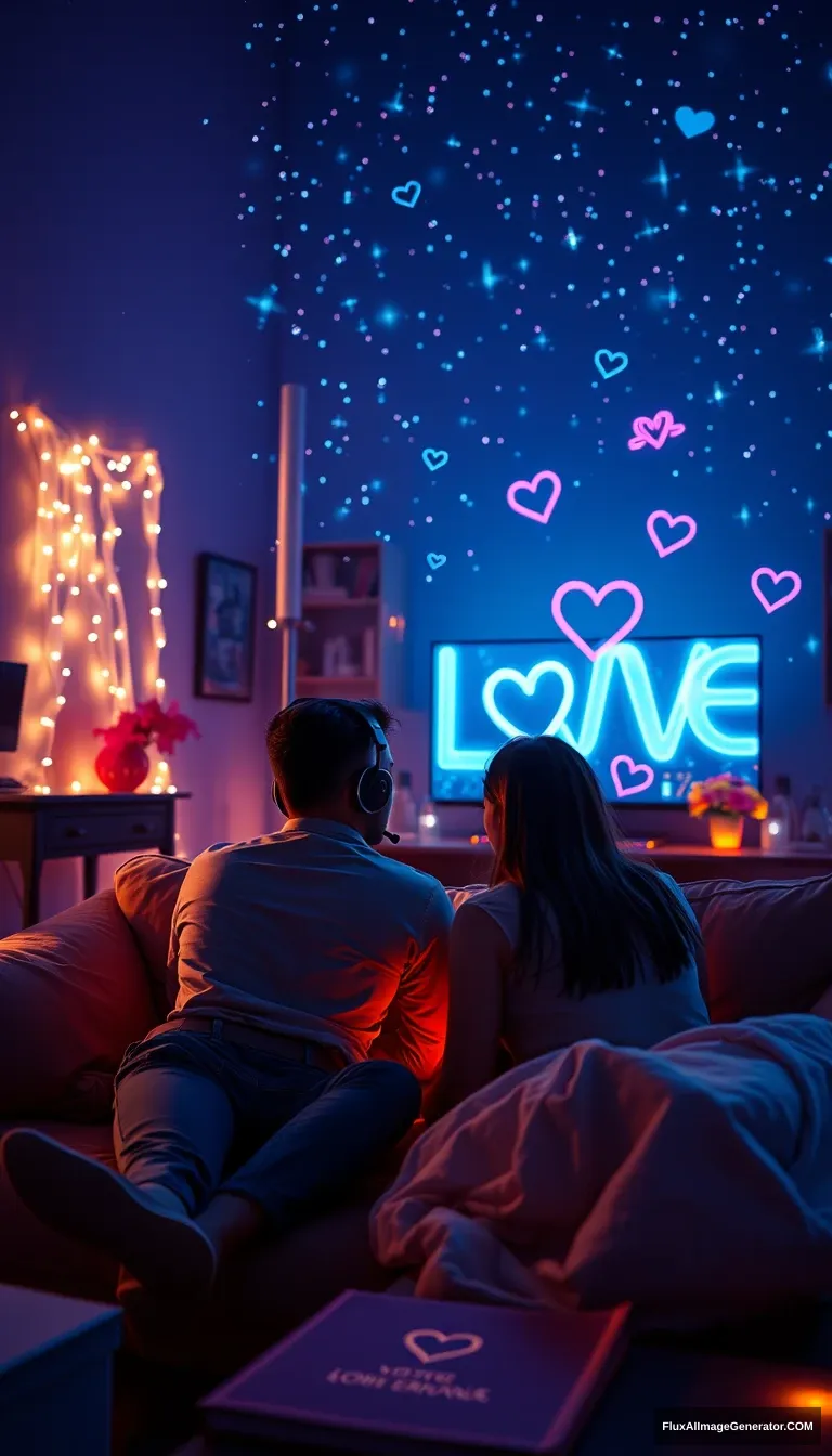 A dreamy esports-inspired date night, where a couple is seen enjoying a gaming session under a starry sky. The room is filled with twinkling fairy lights and holographic projections of digital love symbols. The couple is seated on a cozy couch, sharing headphones and lost in the game and each other.