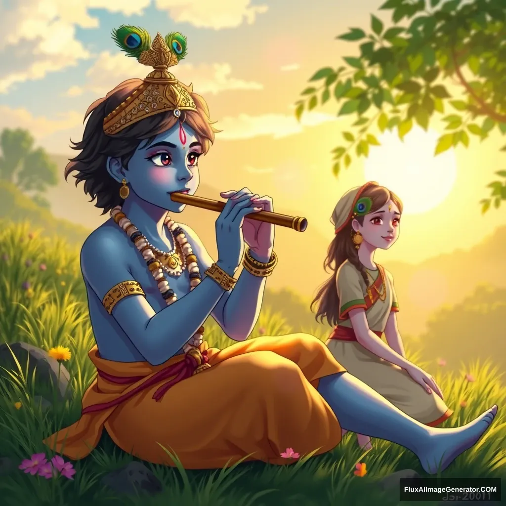 Young boy Krishna, 20 years old (blue skin), playing the flute, nature, sun, sitting, anime style, peacock feather, Radha, 1 girl.