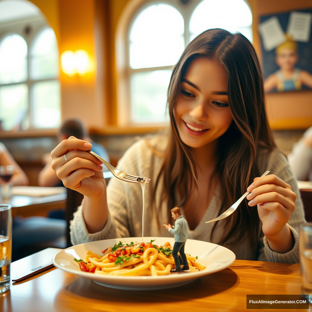 Young woman eating in a restaurant with a tiny man (5cm tall) on her plate.