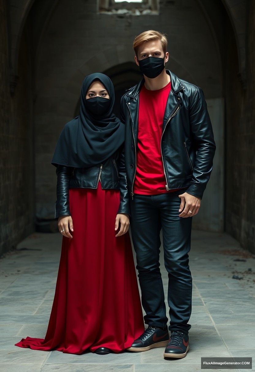 A big black hijab girl, beautiful eyes, black face mask, black leather jacket, the longest and biggest red dress, not tall,

Jamie Dornan, handsome, black face mask, fit and tough body, red Nike t-shirt, black leather jacket, jeans, tall man,

standing lean against the wall together, 
Hyper-realistic, photorealistic, studio photography, Victoria's abandoned castle, gloomy, darkness. - Image