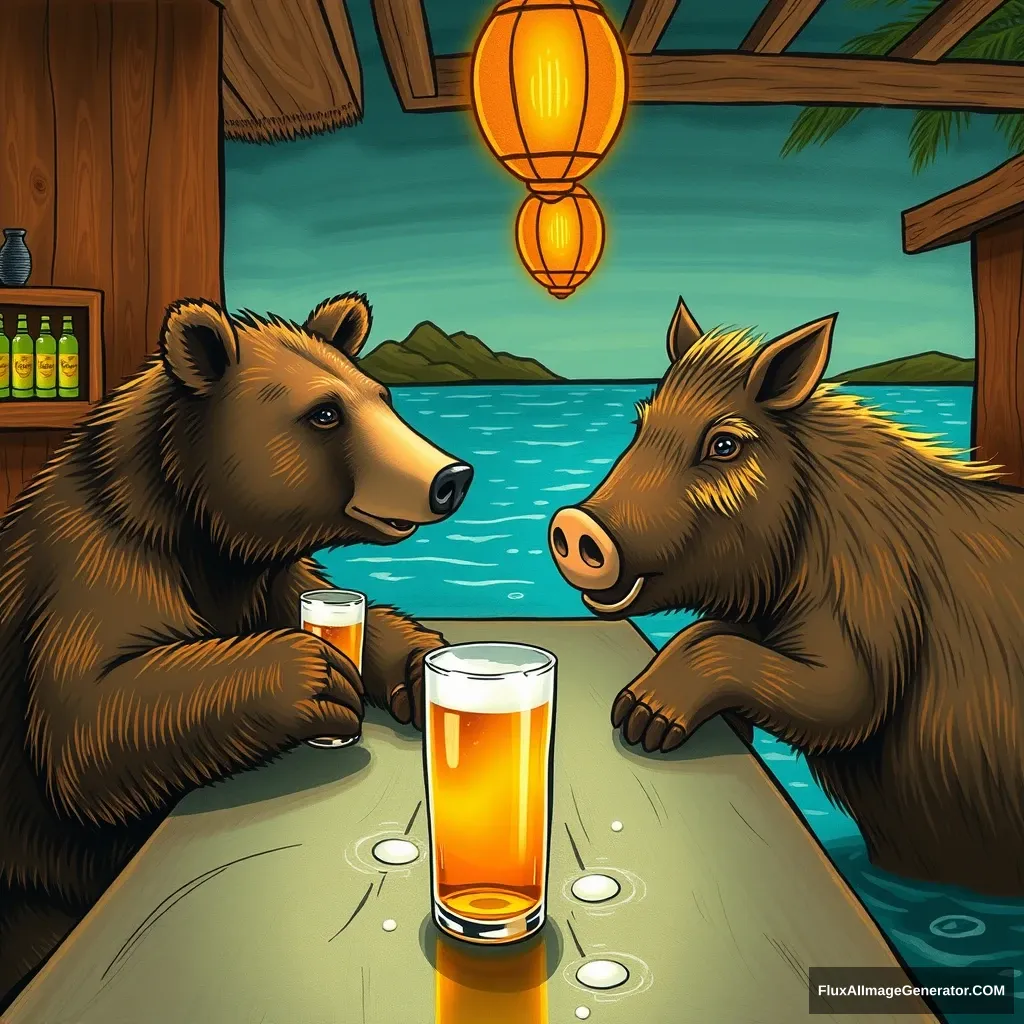 A bear having a beer at a bar with a boar in Bermuda. - Image