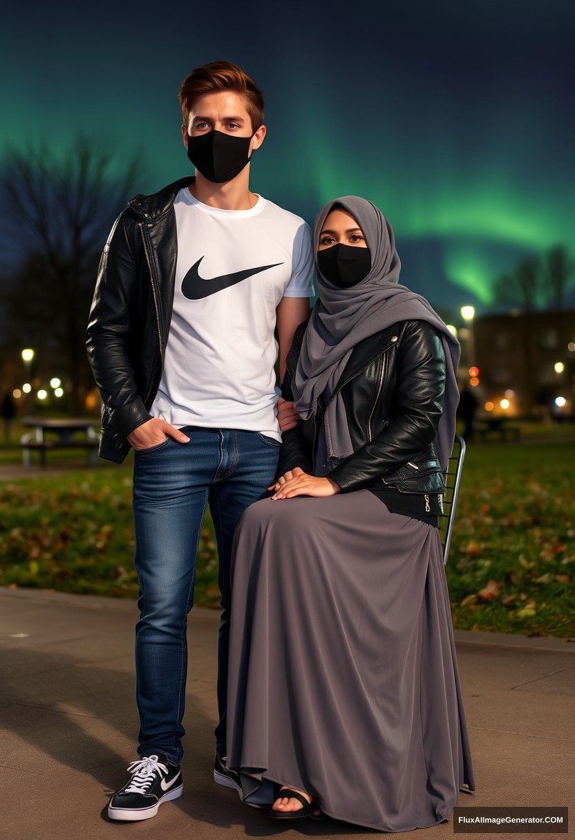 Jamie Dornan, tall, young, black face mask, white Nike t-shirt, jeans, 

dating in a romantic context with a grey hijab-wearing Muslim girl, beautiful eyes, black face mask, leather jacket, very long and large skirt, not a tall girl, 

sitting in a chair at a park in town, photorealistic, street photography, selfie photos, night scenery, aurora borealis.