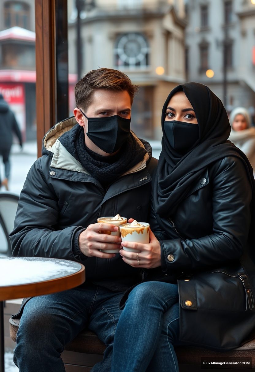 Jamie Dornan, handsome, young, black face mask, snow jacket, jeans, dating a beautiful, romantic Muslim girl in a black hijab with beautiful eyes, wearing a black face mask and a black leather jacket, in a winter setting, sitting in a cafe near a glass window in town, with two cups of hot chocolate on a gloomy day, photorealistic street photography. - Image