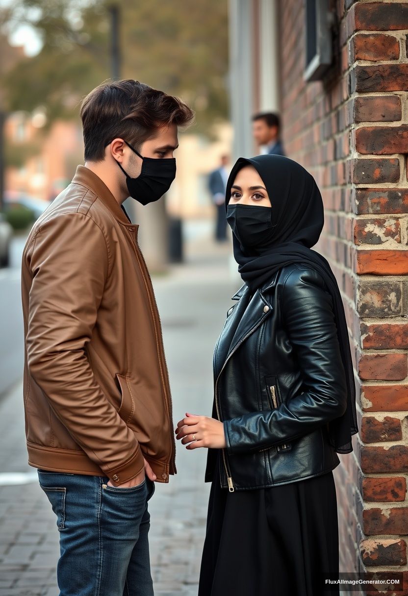 Jamie Dornan, handsome, young, black face mask, collage jacket, jeans, dating a beautiful romantic Muslim girl in a big black hijab with beautiful eyes, a black face mask, black leather jacket, the biggest skirt standing and lying against a brick wall, town, morning scenery, photorealistic, street photography.