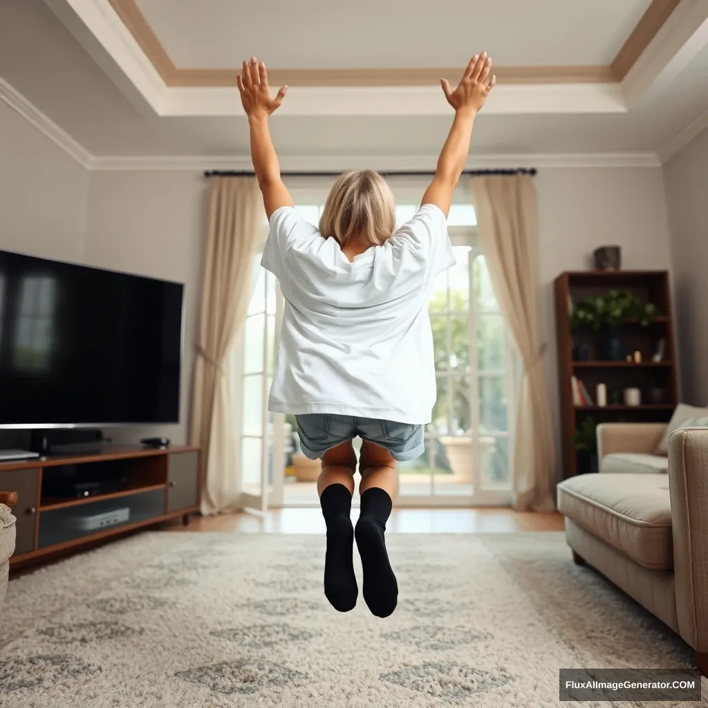 Sideview of a blonde skinny woman who is in her massive living room wearing a massively oversized white t-shirt that is a bit off-balance on one of the shoulders and oversized light blue denim shorts that aren't rolled up. She is wearing ankle-high black socks with no shoes. She faces her TV and dives headfirst with both her arms raised below her head, which is looking up, and her legs down in the air at a -60 degree angle.