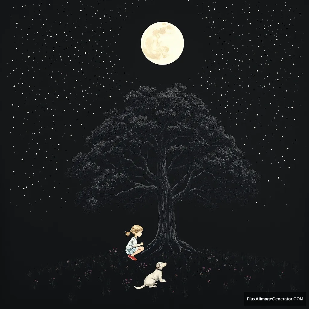 The black sky has a bright moon, and the small bright points of stars are scattered across the entire starry sky. There is a large tree on the ground, surrounded by flowers and grass. A little girl is squatting next to the tree playing, while a dog is quietly lying beside her. - Image