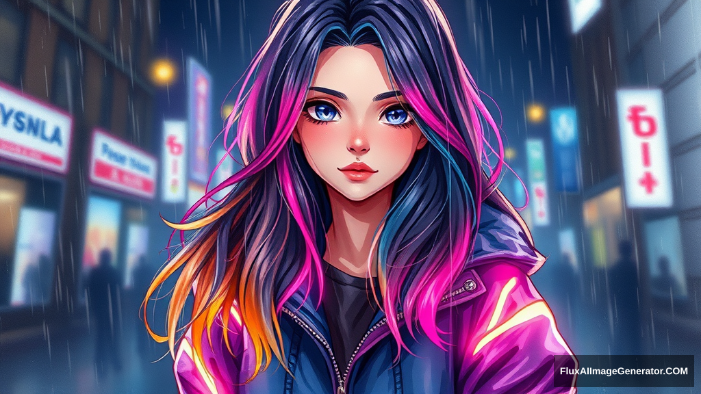 beautiful girl of European appearance in a jacket glowing with neon light with long hair, multi-colored hair, dark background, rain, watercolor style, realistic style - Image