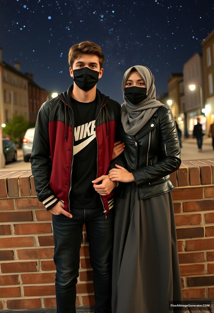 Jamie Dornan, youngest, black face mask, collage jacket, Nike t-shirt, jeans, tall man, fit body,

Dating, love with the biggest grey hijab Muslim girl, beautiful eyes, black face mask, leather jacket, biggest longest skirt, slim, not tall girl, love holding his arm,

Standing at a brick wall, spoiler, in town, night scenery, milky way, hyper realistic, photorealistic, selfie.