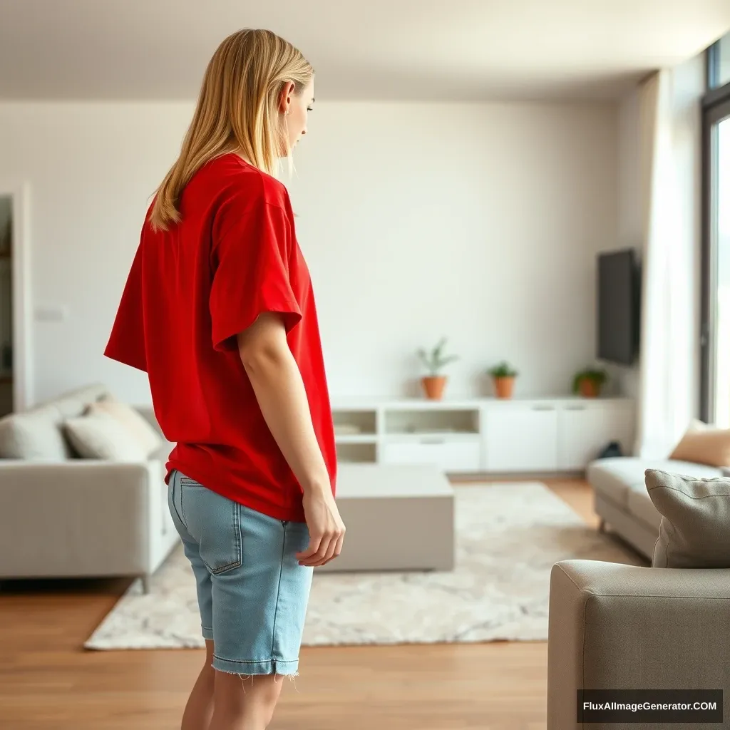 Side view of a young blonde skinny woman in her early twenties standing in her massive living room, wearing a massively oversized red polo t-shirt that is slightly off balance on one shoulder. The bottom part of her t-shirt is tucked in on all sides. She is also wearing small light blue denim shorts and is barefoot. She faces her TV with both arms straight down. - Image