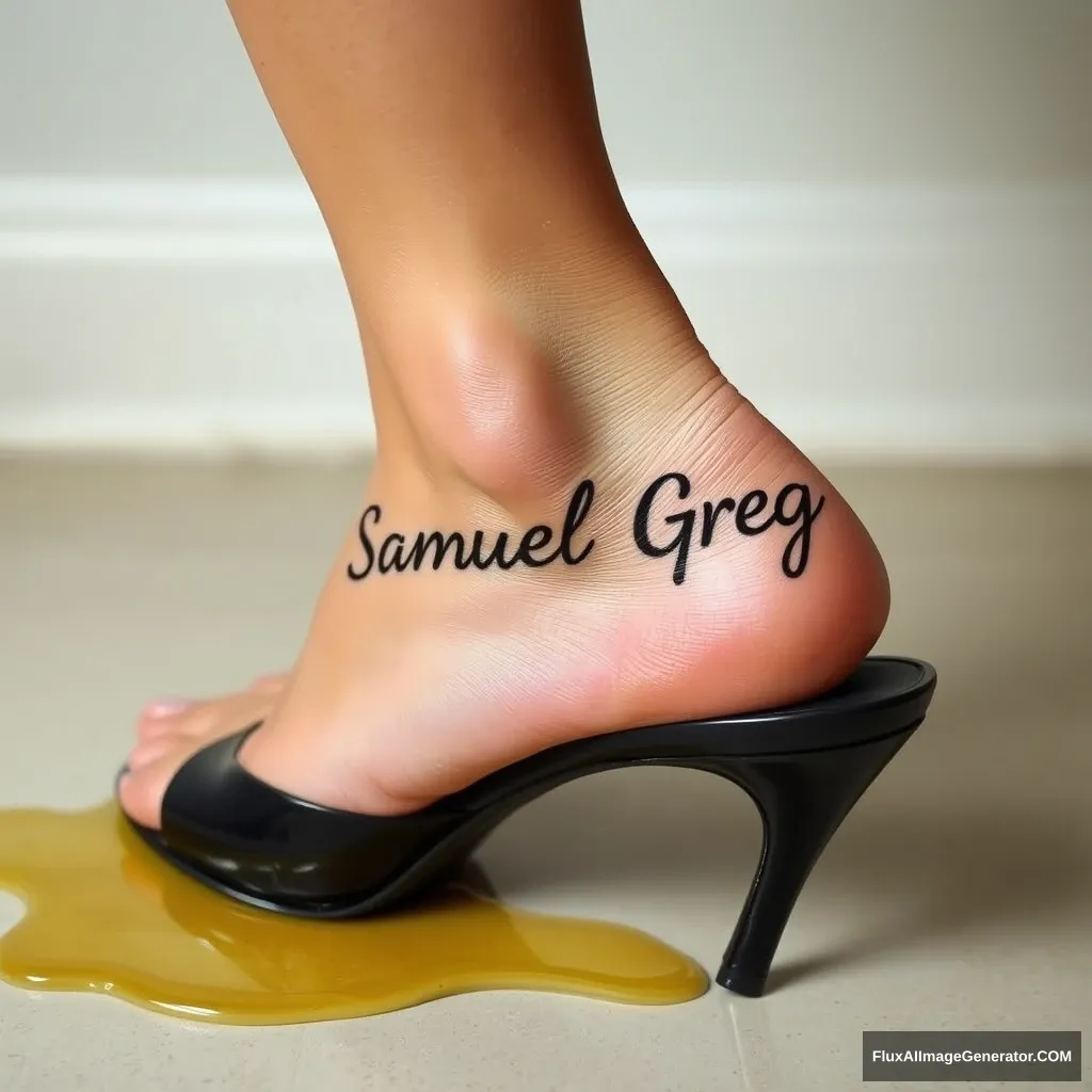 The name "Samuel Greg" on a woman's foot in a black high heel. There is oil all over the foot.