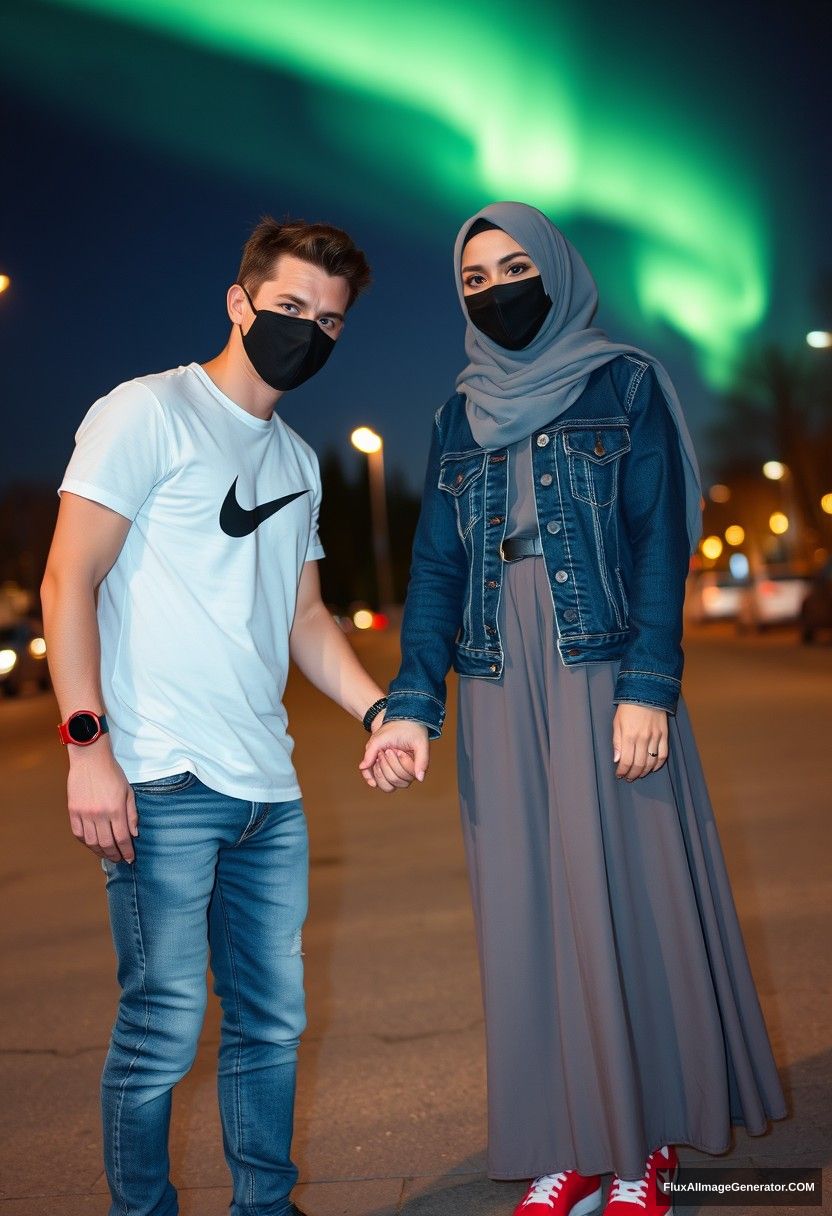 Jamie Dornan, handsome, black face mask, white Nike t-shirt, jeans, sneakers, dating romantically with a grey hijab-wearing Muslim girl, beautiful eyes, black face mask, denim jacket, very long and big skirt, not a tall girl, red sneakers, holding hands, photorealistic, street photography, full photography, selfie photos, night scenery, aurora.