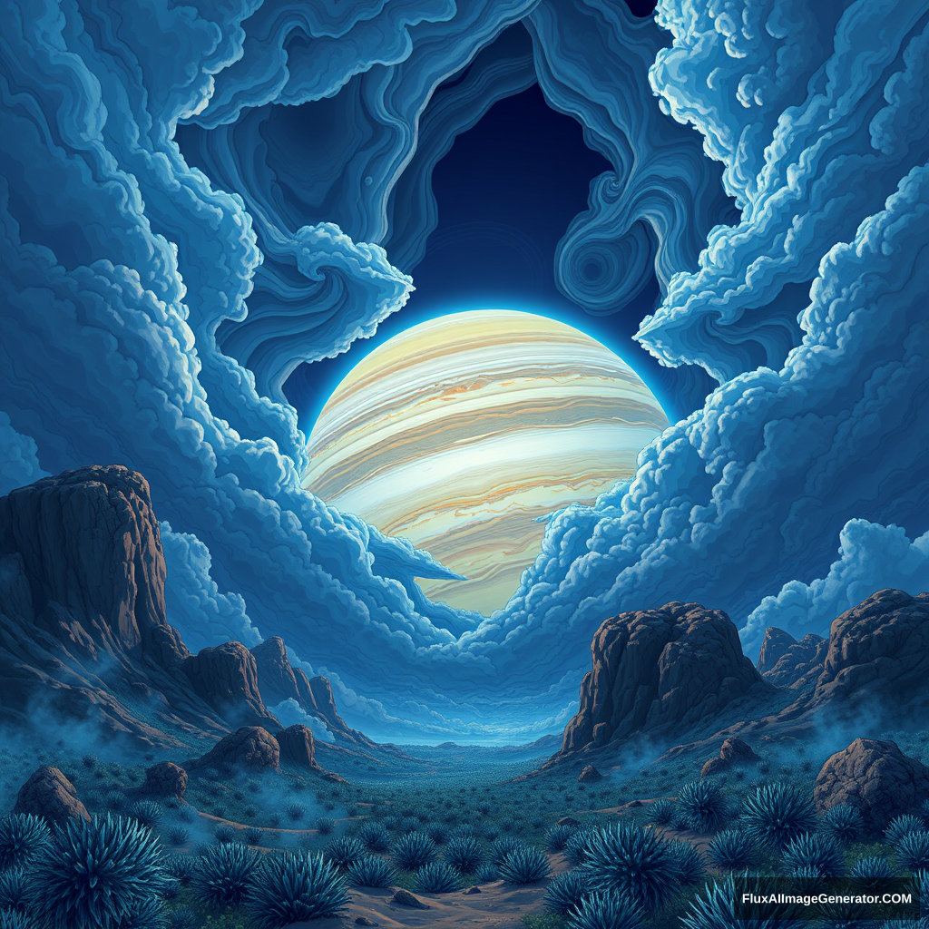 Illustration of Jupiter clouds by Dan Mumford, alien landscape and vegetation, epic scene, a lot of swirling clouds, high exposure, highly detailed, realistic, vibrant blue tinted colors, UHD. - Image