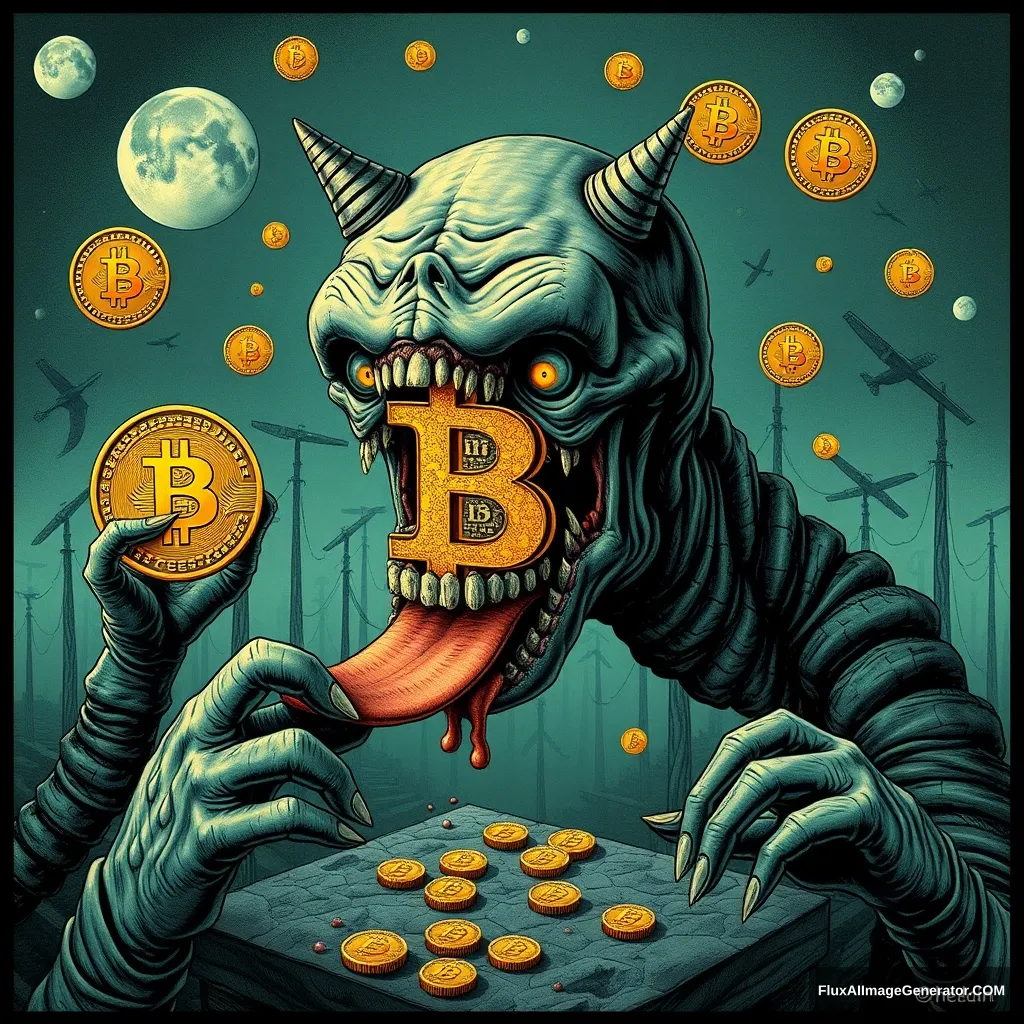 Bitcoin eater monster, weird surreal illustration collages meme photoshop