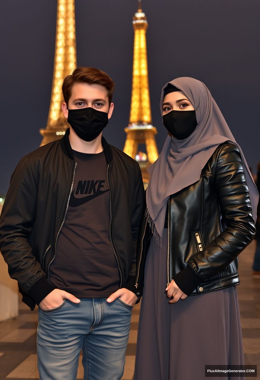 Jamie Dornan, youngest, black face mask, collage jacket, Nike t-shirt, jeans, tall man, fit body,

Dating, love with the biggest grey hijab Muslim girl, beautiful eyes, black face mask, leather jacket, biggest longest skirt, cute short girl,

standing near the Eiffel Tower, night scenery, hyper-realistic, photorealistic, street photography.