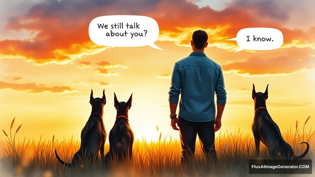 Watercolor illustration: male figure in a meadow at golden hour, silhouetted against a vibrant sunset sky. Three winged canine Doberman companions sat beside him, facing away from the viewer. Speech bubbles float above: "We still talk about you" (person), "I know" (dog). Nostalgic atmosphere, brushstrokes convey wistful longing. Warm palette, dreamy textures.