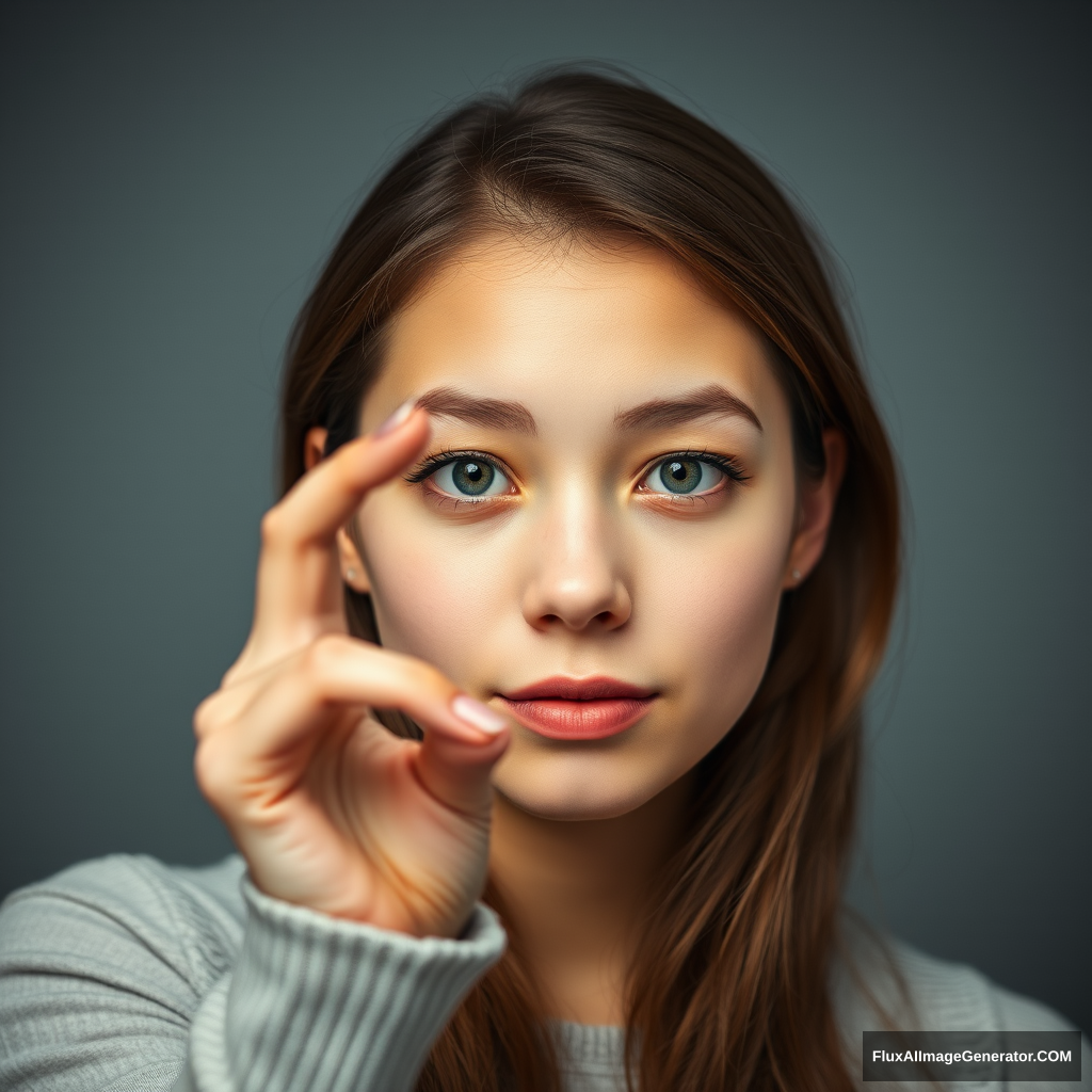 Young woman holding an invisible object between her fingers.