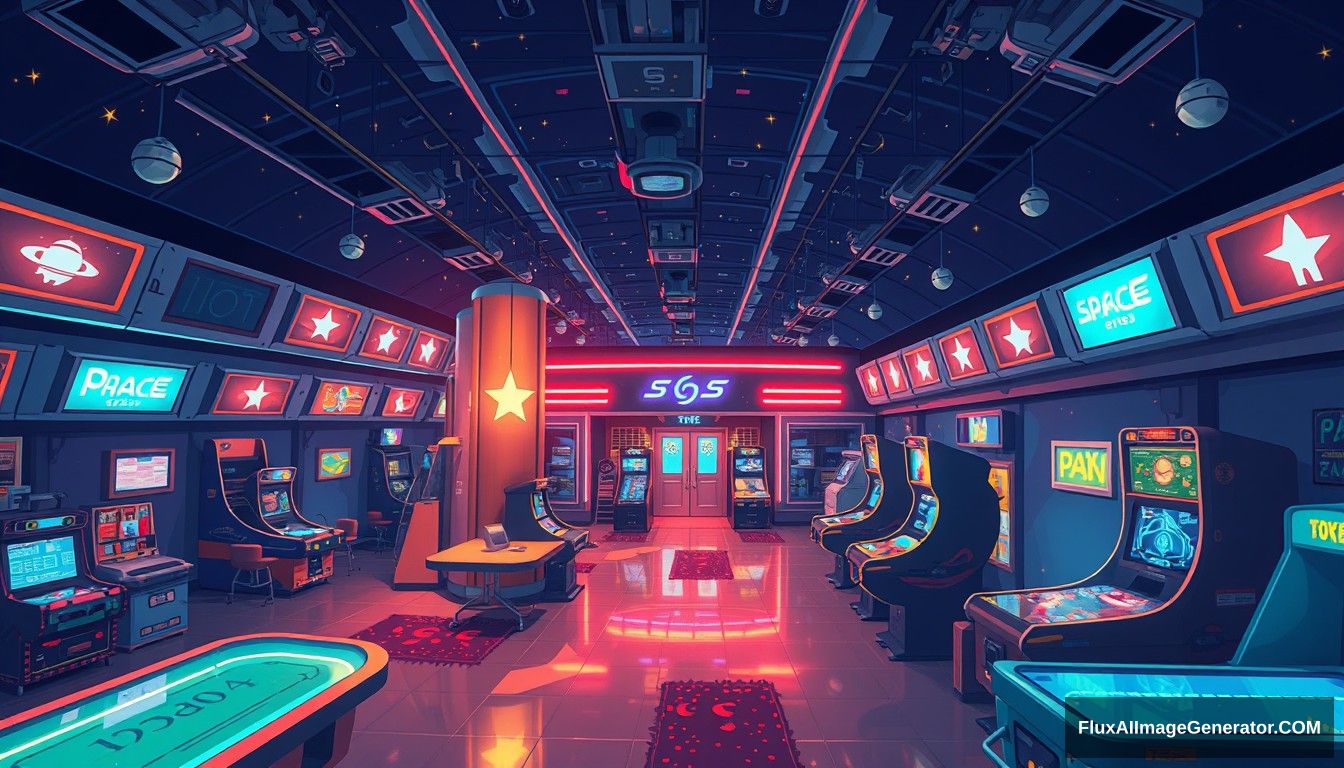 cel shaded art, wide shot, from above, dutch angle, from side, perspective, intense angle, depth of field  
space, universe, space station, lobby, sunlight, retro, 70s, indoor, night, star, neon, warm light, game room, entertainment - Image