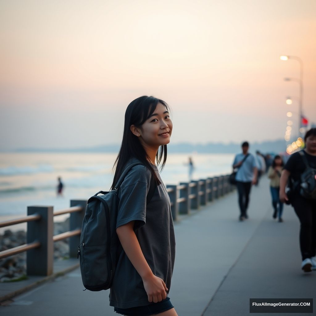 'Girl student walking by the seaside, beach, Chinese people, street, young girl, dusk, street lights'