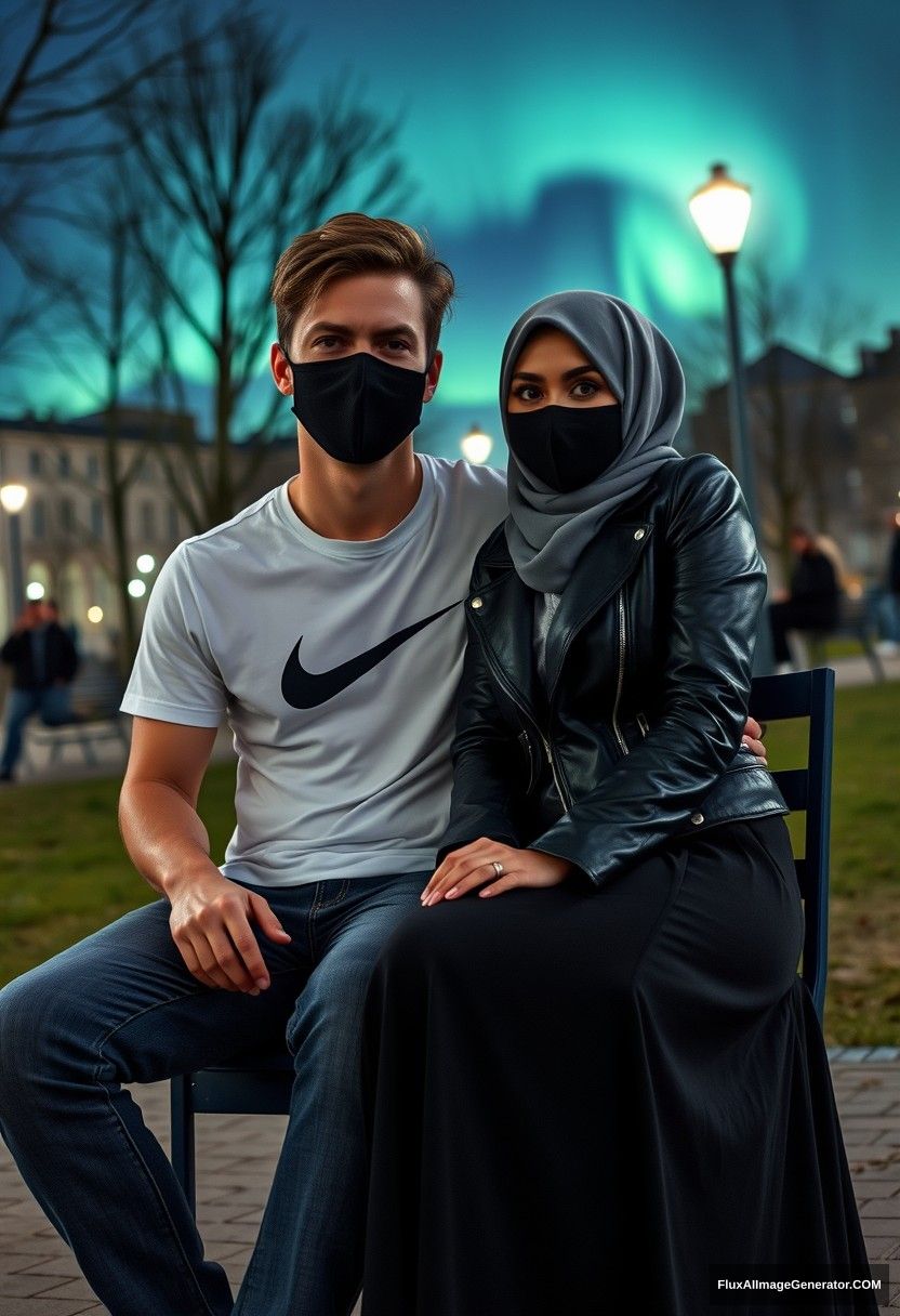 Jamie Dornan, tall, young, wearing a black face mask, a white Nike T-shirt, and jeans, is dating a beautiful Muslim girl in a grey hijab with stunning eyes, who is wearing a black face mask, a leather jacket, and a very long and wide skirt. She is not tall.

They are sitting on a chair in a park in town, captured in photorealistic street photography, with selfies taken at night scenery featuring the aurora borealis.