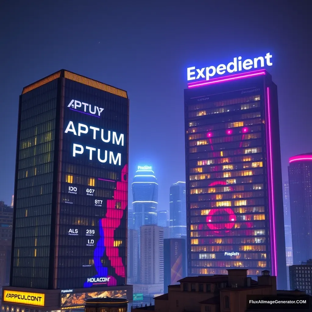 An image of a city with two large buildings in the foreground. The building on the left says Aptum in large letters on the face, and the top of the building on the right says Expedient in large letters on the face. The style of the image should be futuristic, colorful, brightly lit, and at night. - Image