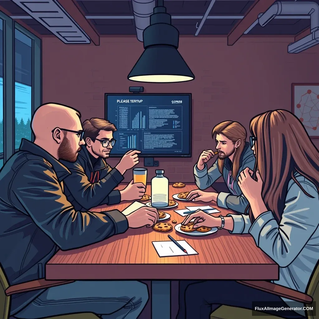 "Please depict the scene of tech startup team members having a meeting while eating cookies." - Image