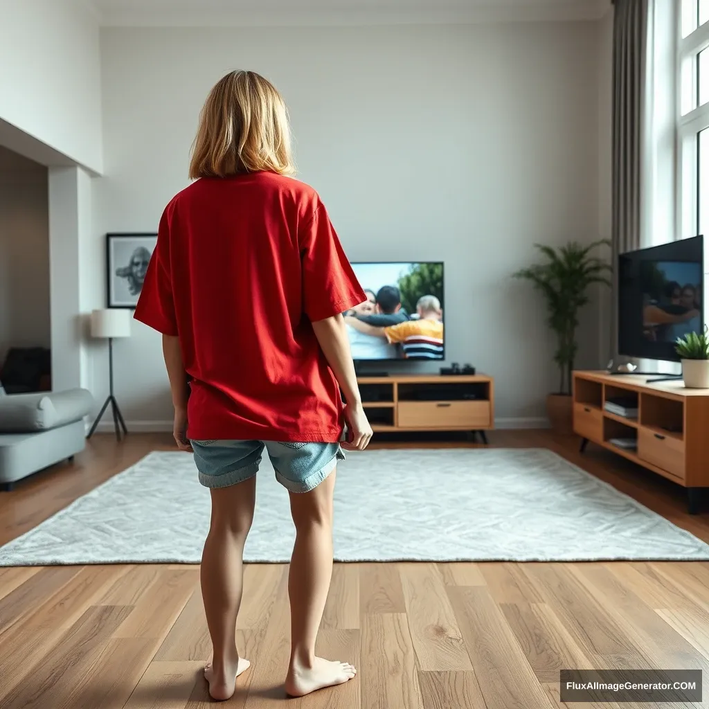 Front view of a blonde skinny woman in her early twenties in her massive living room, wearing a massively oversized red polo t-shirt that is a bit off-balance on one shoulder, the bottom part of her t-shirt is untucked. She is also wearing light blue denim shorts and is barefoot, facing her TV. She bends down to prepare to dive into the magical TV.