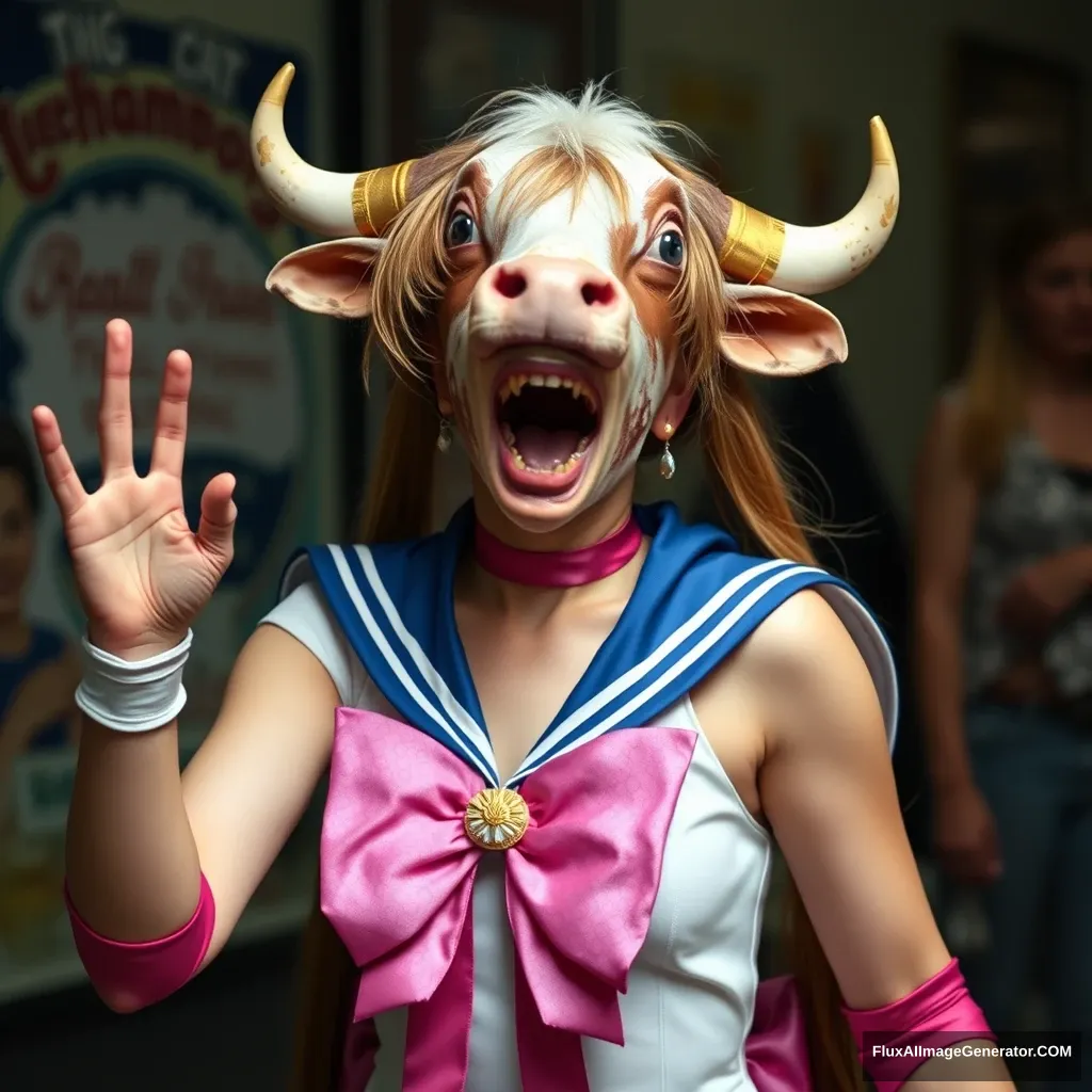 A photograph of a real-life Sailor Moon excellently captures her panicking and freaking out as she is transformed into a highly obscene and perverse bovine hybrid. - Image