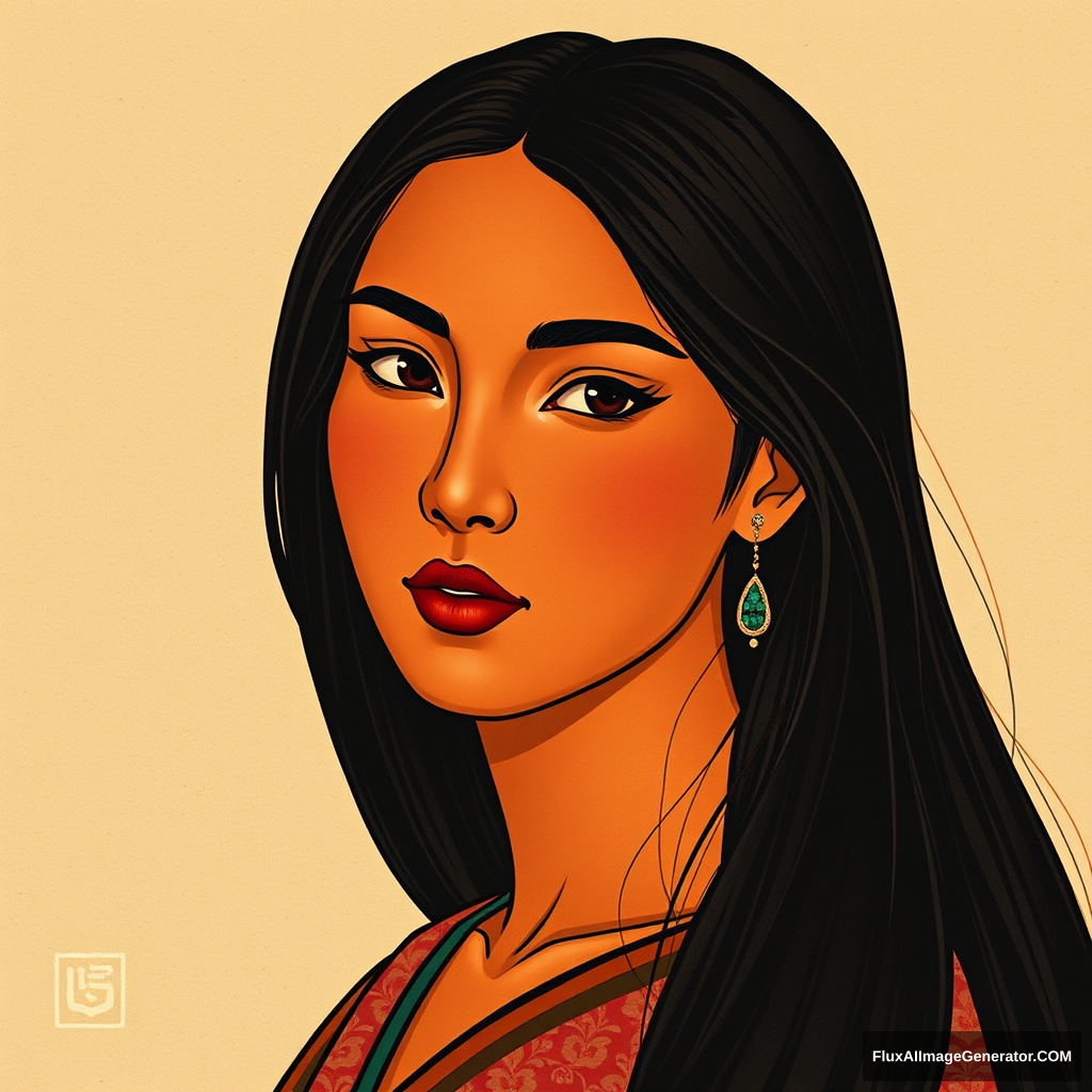 Picture an indigenous Guatemalan woman with warm, rich skin and long, dark hair cascading smoothly down her back. Her face, characterized by high cheekbones, almond-shaped deep brown eyes, and full lips, carries a serene expression. Styled as a ukiyo-e bijin-ga, her features are elegantly stylized with smooth, flowing lines, blending her cultural essence with the refined, graceful aesthetics of Japanese woodblock prints. - Image