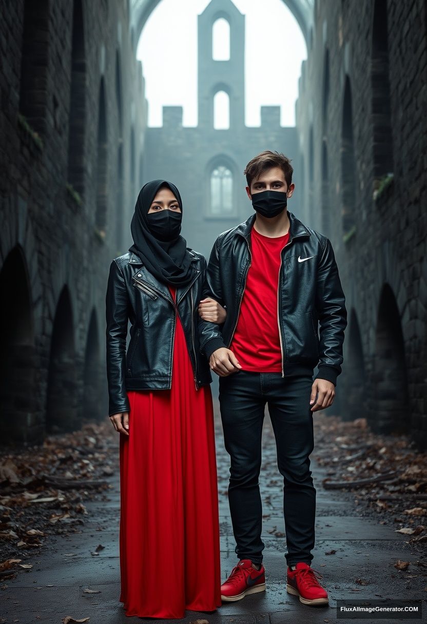 A biggest black hijab girl, beautiful eyes, face mask black, black leather jacket, biggest red longest dress, untall, standing near him and love, hold his arm,

Jamie Dornan, handsome, youngest, face mask black, fit and tough body, Nike red t-shirt, black leather jacket, jeans, red sneaker, tall man, standing near her

Hyper realistic, photorealistic, studio photography, Victoria's abandoned castle, gloomy. - Image