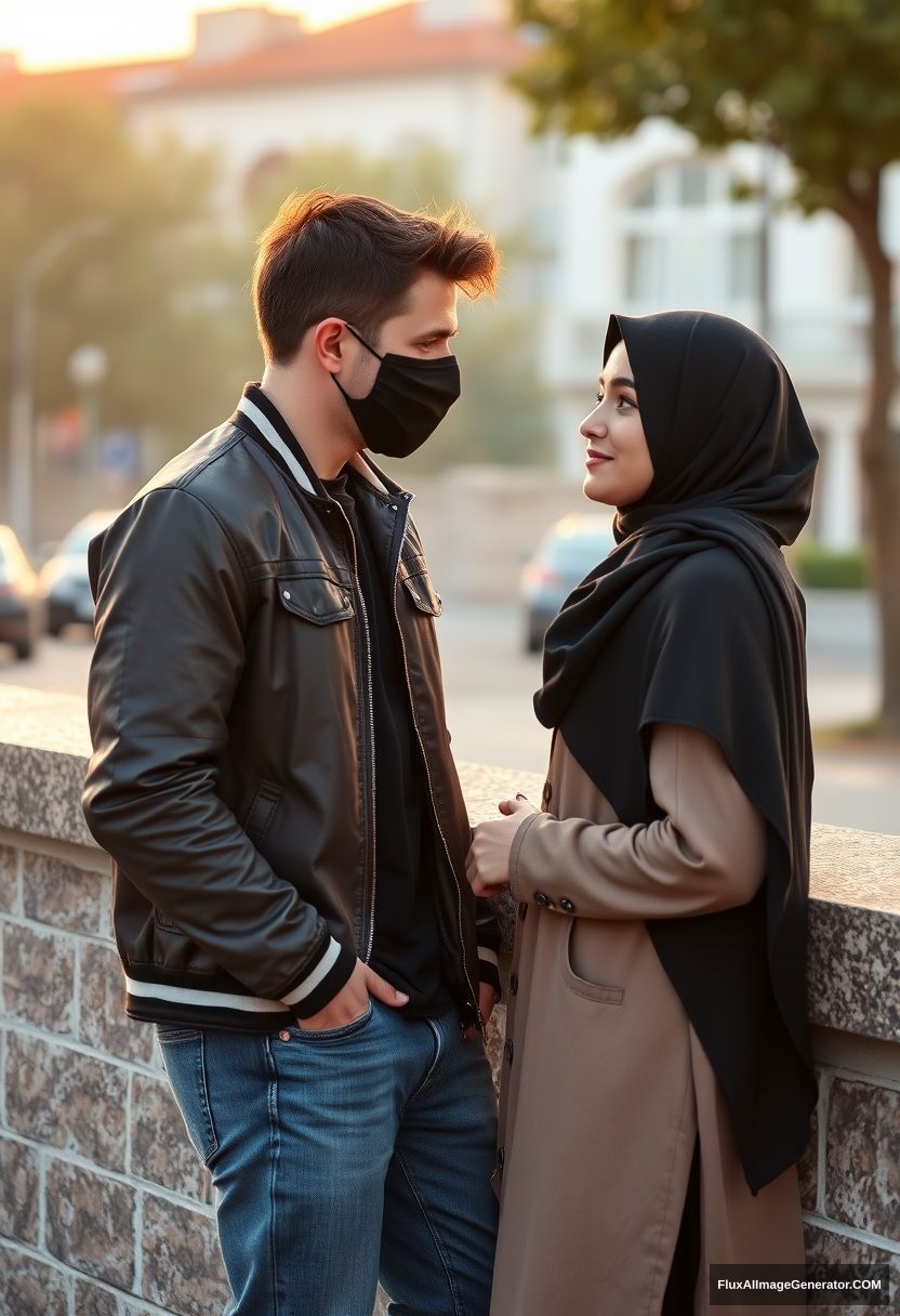 Jamie Dornan, handsome, young, wearing a black face mask, a collage jacket, and jeans, dating a beautiful Muslim girl in a black hijab with beautiful eyes. They are standing and looking at each other near a wall in town during the morning scenery at sunrise, in a photorealistic style, resembling street photography. - Image