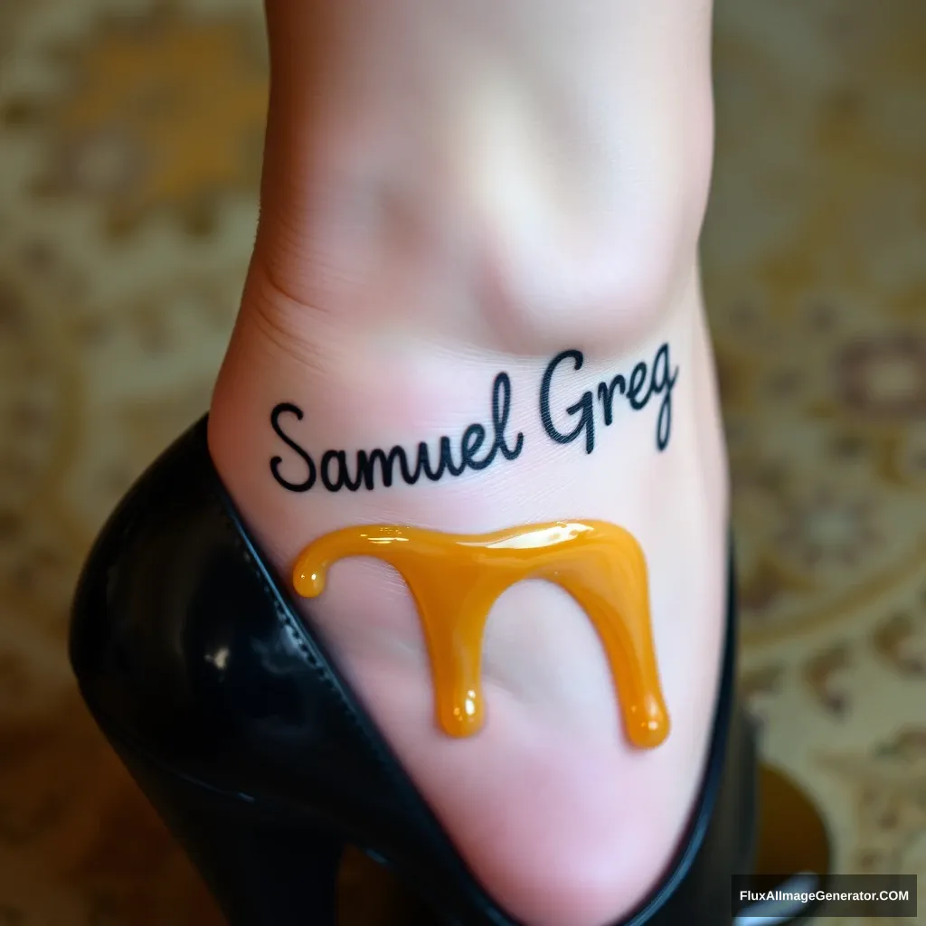 The name "Samuel Greg" on a woman's foot in a black high heel. There is oil all over the foot. - Image