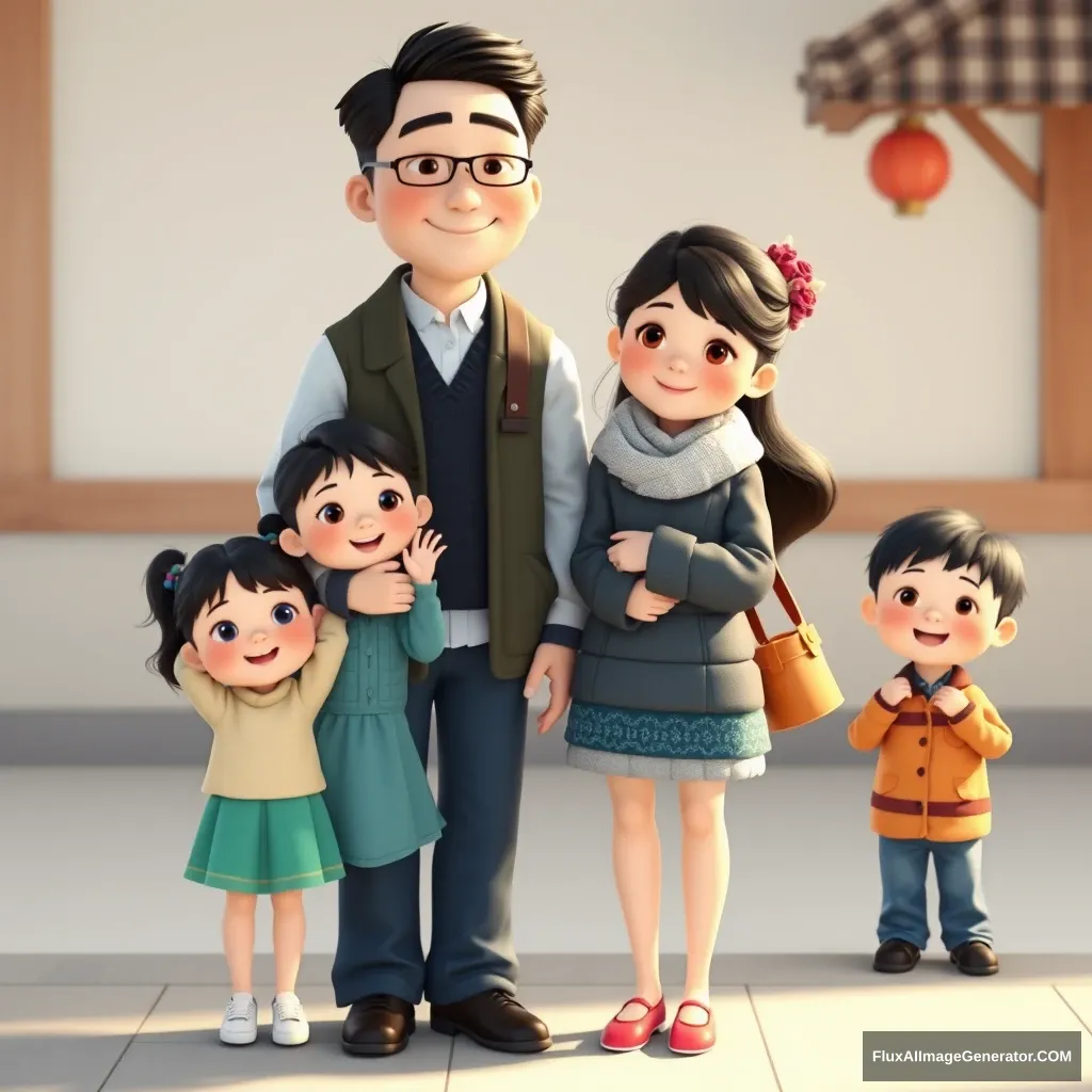 Korean family (father, mother, 2 daughters, 1 son) in Pixar style.