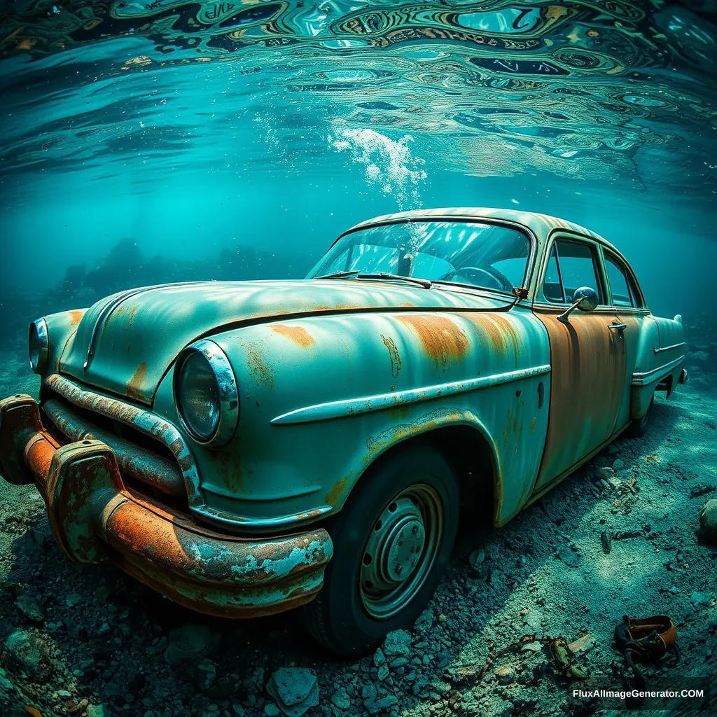 full shot, old rusted damaged smashed car, underwater, colorful, realistic lighting