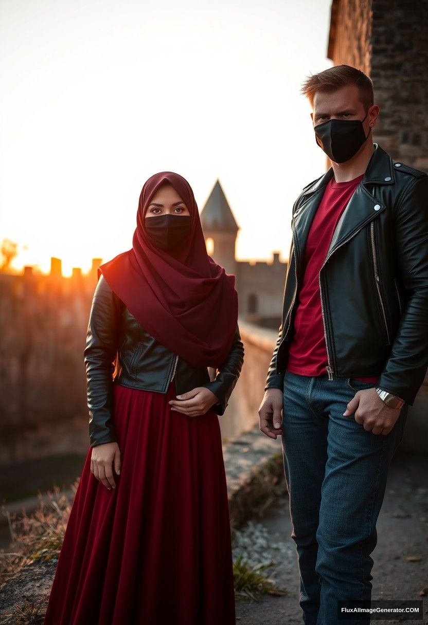 A biggest black hijab girl, beautiful eyes, black face mask, black leather jacket, largest red longest dress, not tall,

Jamie Dornan, handsome, black face mask, fit and tough body, metal red t-shirt, black leather jacket, jeans, tall man,

standing near the wall together,
Hyper realistic, photorealistic, street photography, Victoria's abandoned castle, sunrise.