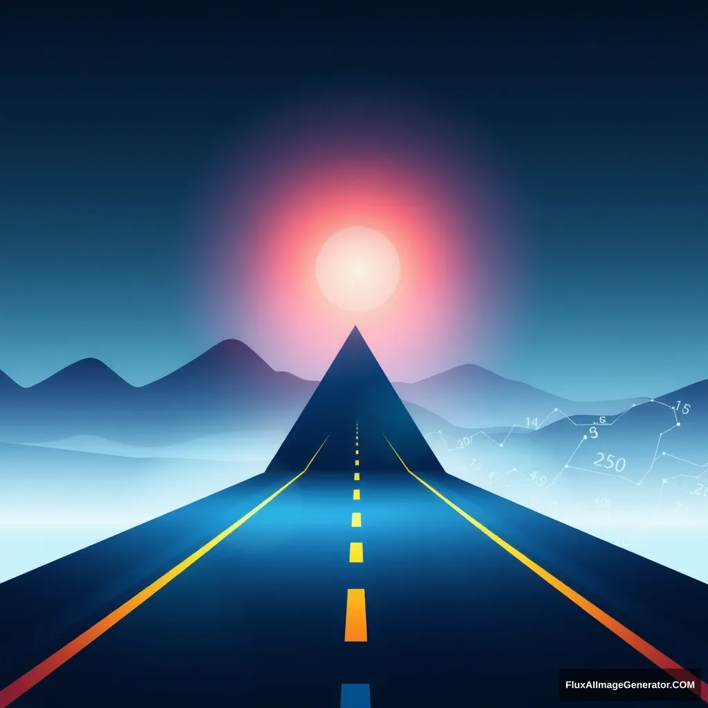 Using geometric shapes and technological elements, paired with a gradient color tone similar to light shining on a road leading into the distance, creates a sense of futurism. Along the sides of the road, there can be some elements representing flowing numbers or data, symbolizing the integration of technology and knowledge.