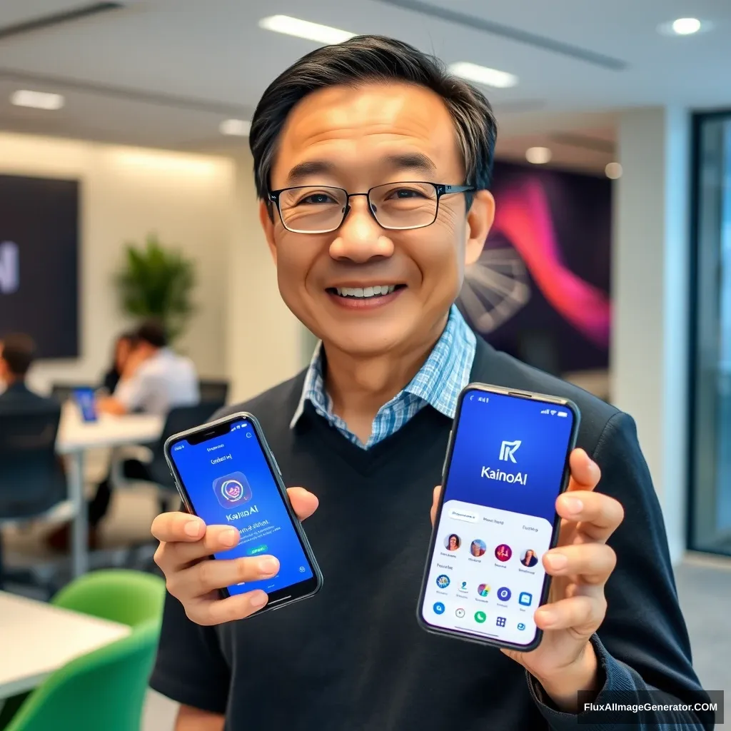 Lee Hsien Loong is holding a phone and the phone screen shows the KainoAI app, with the background at the OpenAI office.