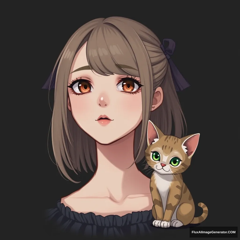 A beautiful two-dimensional girl, with a dark background, next to her there's a little cat. - Image