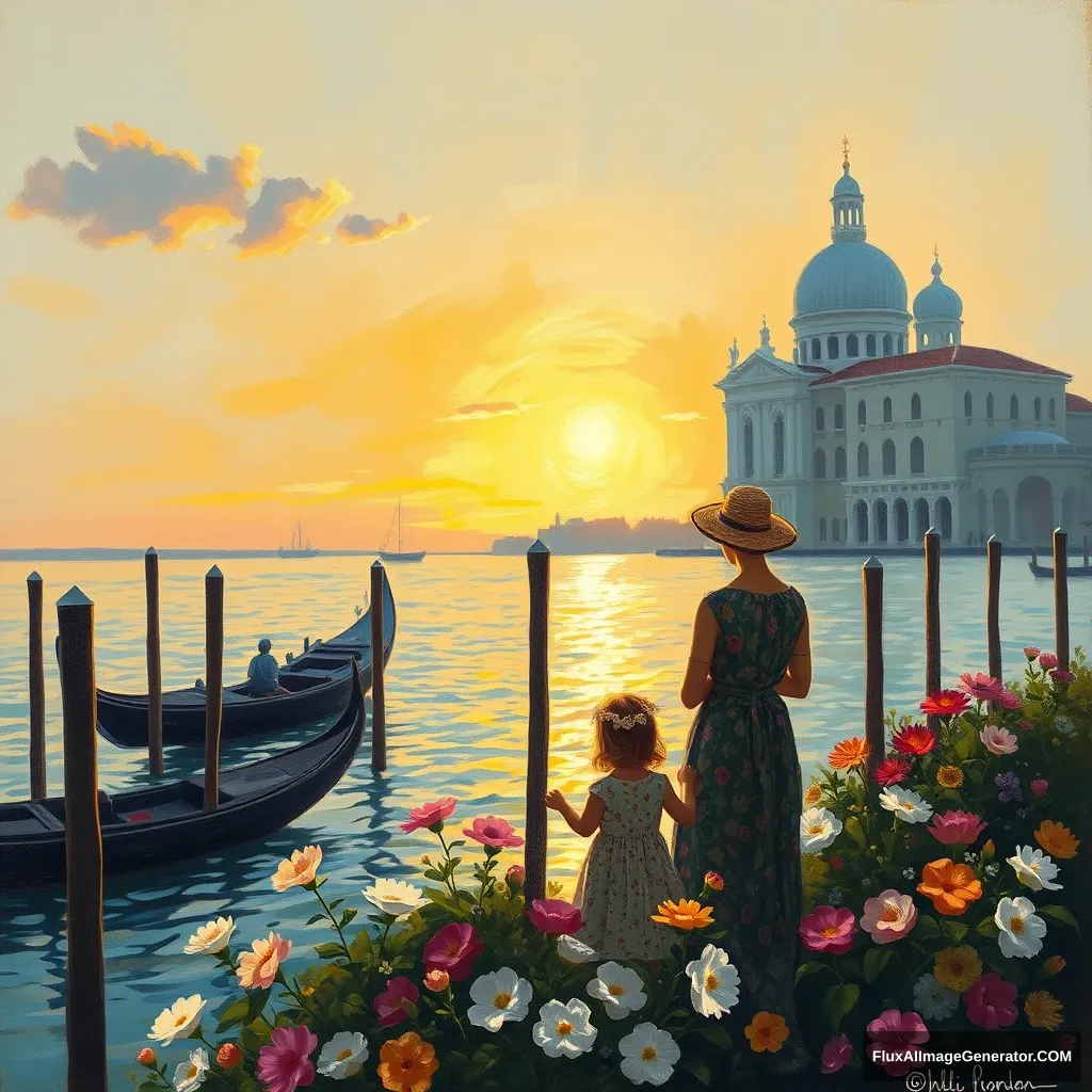 A painting in the style of Degas, with Wat Arun at sunrise in Venice, featuring a family, flowers, and the sea.