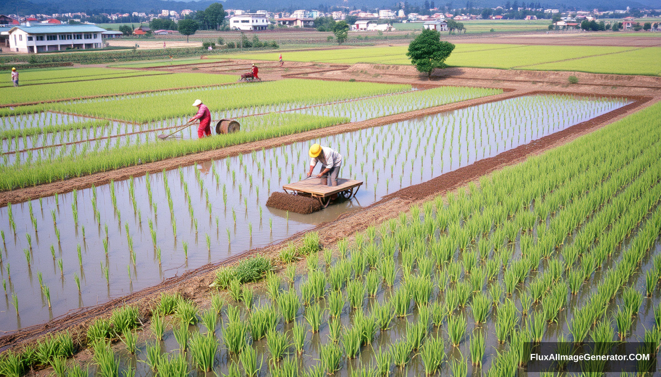 In the rural areas of China in the 1980s, people were plowing the rice fields, which were filled with water in preparation for transplanting the seedlings, creating a busy scene.