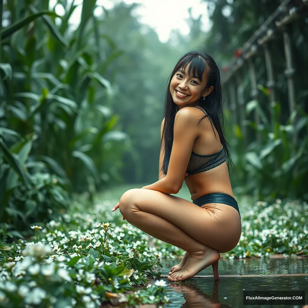 A cyberpunk woman squatting in the distance, whimsical smile, huge green jungle, speckled with white little flowers, close-up, art beauty in skin-tone yoga pants, professional shoot, real life, a sense of enormous scale, long lens zoom perspective, servos, pipes, reflective wet surface, fashion photography, fluctuating depth of field, zoom blur. - Image