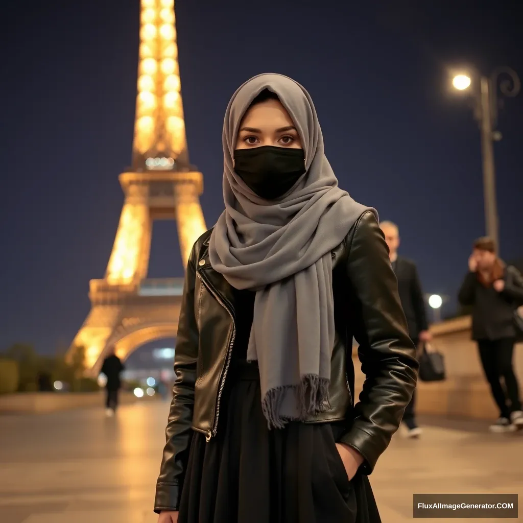 Biggest grey hijab Muslim girl, beautiful eyes, face mask black, leather jacket, biggest longest skirt, standing near Eiffel Tower, night scenery, strangers back.